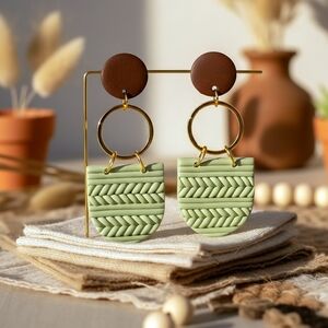 Boho Chic Clay & Wood Dangle Earrings 18K Gold Plated S925 Posts Trendy Artsy